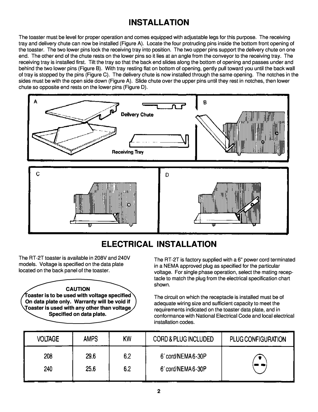 Merco Savory RT-2T operation manual Electrical Installation, Specified on data plate 