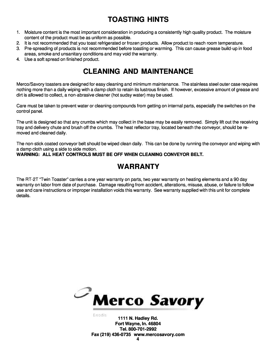 Merco Savory RT-2T Toasting Hints, Cleaning And Maintenance, Warranty, 1111 N. Hadley Rd Fort Wayne, In Tel 