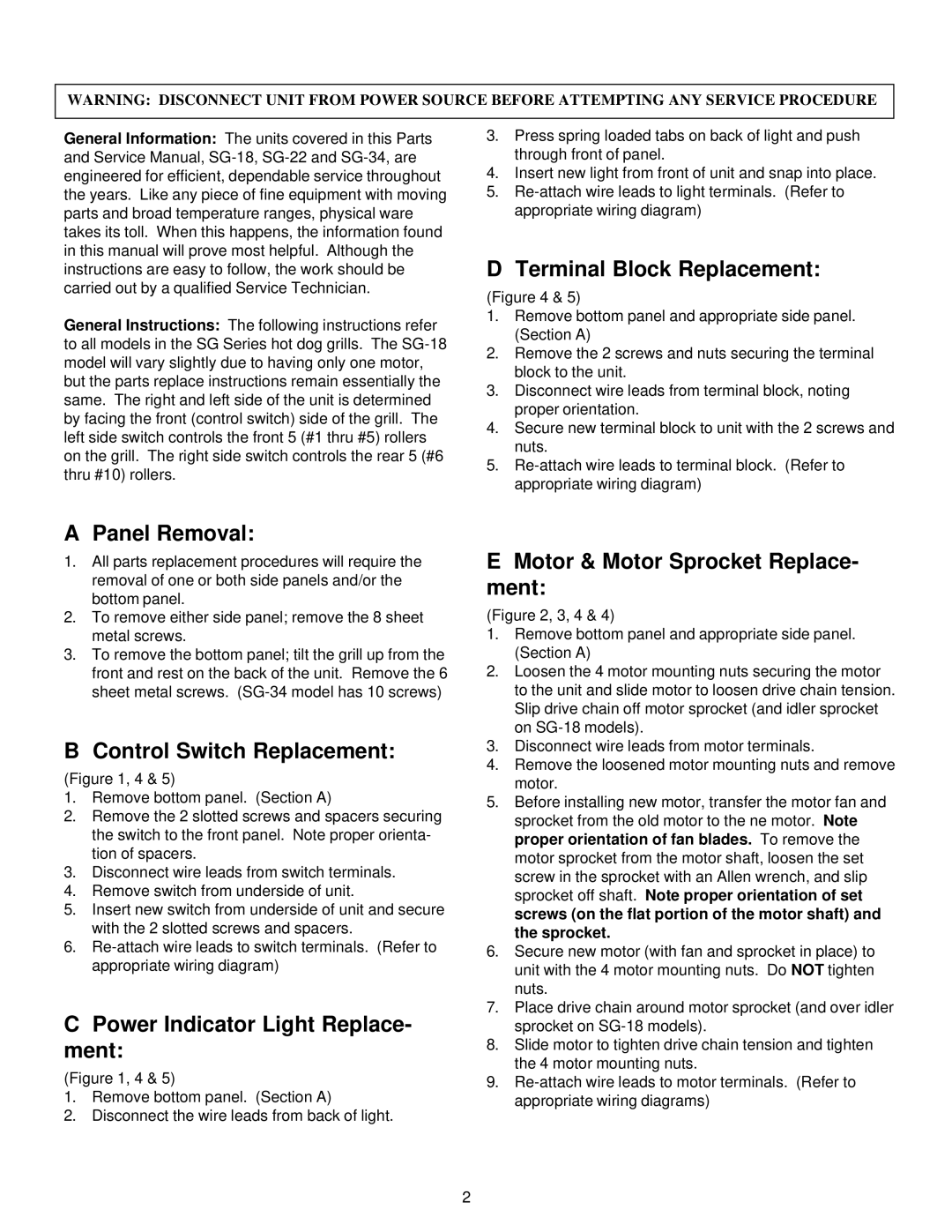 Merco Savory SG-22 service manual Terminal Block Replacement, Panel Removal, Control Switch Replacement 