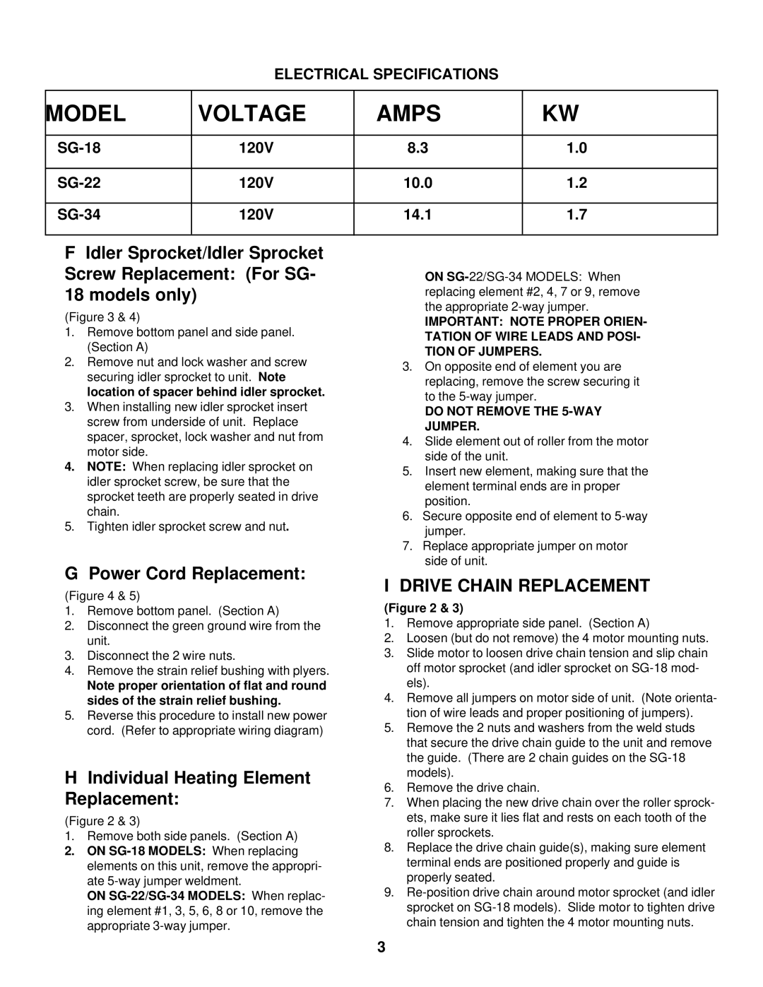 Merco Savory SG-22 service manual Power Cord Replacement, Individual Heating Element Replacement 