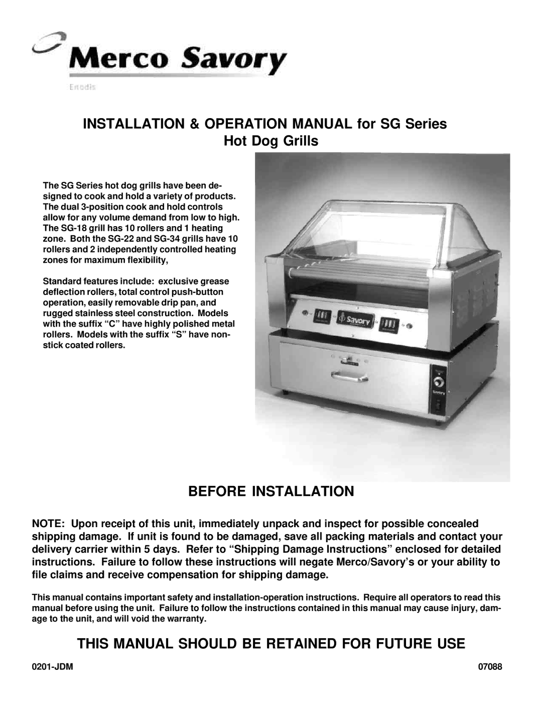 Merco Savory SG Series operation manual Before Installation, This Manual should be Retained for Future USE 