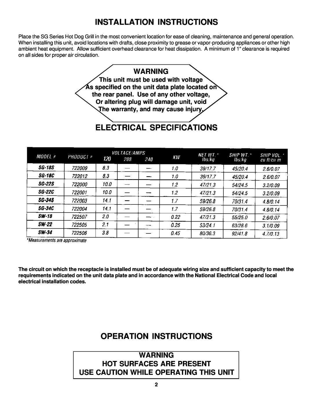 Merco Savory SG Series operation manual Installation Instructions, Electrical Specifications, Operation Instructions 