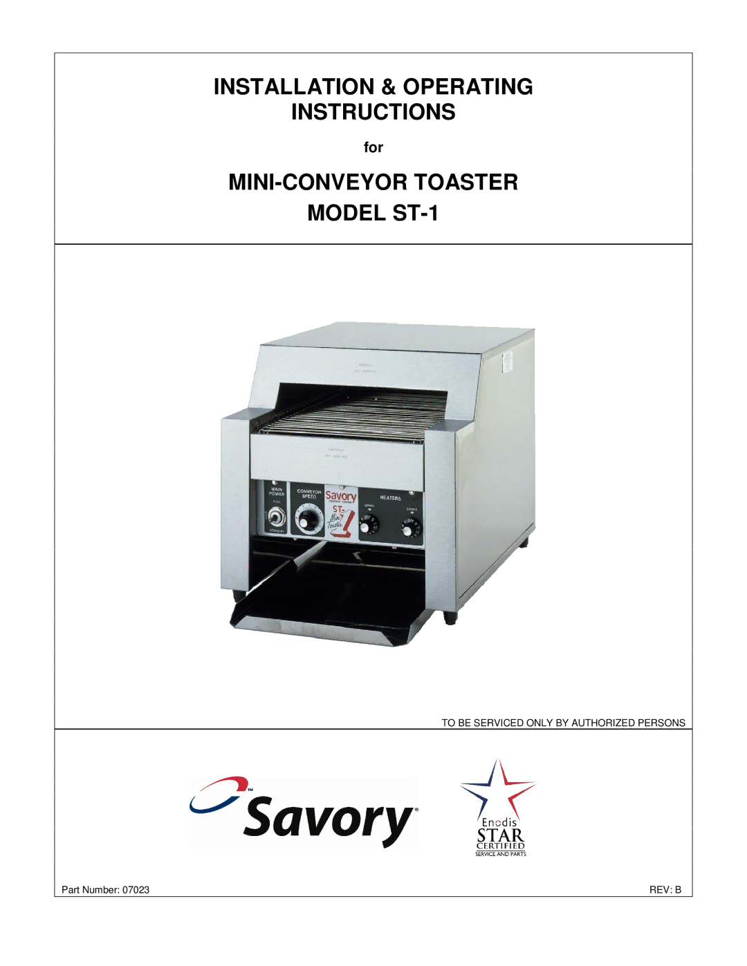 Merco Savory ST-1 manual Installation & Operating Instructions 