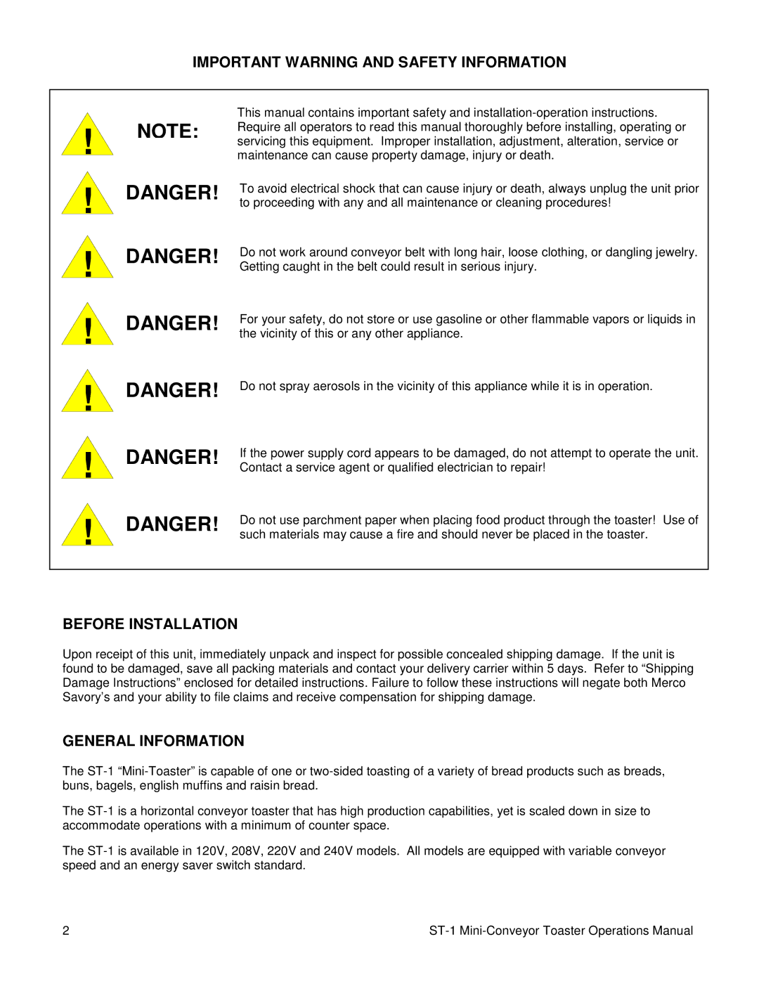 Merco Savory ST-1 manual Important Warning and Safety Information, Before Installation, General Information 