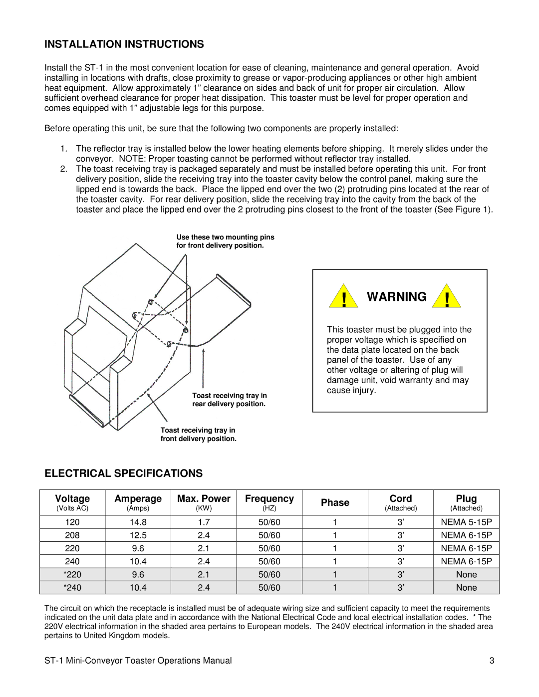 Merco Savory ST-1 manual Installation Instructions, Electrical Specifications 