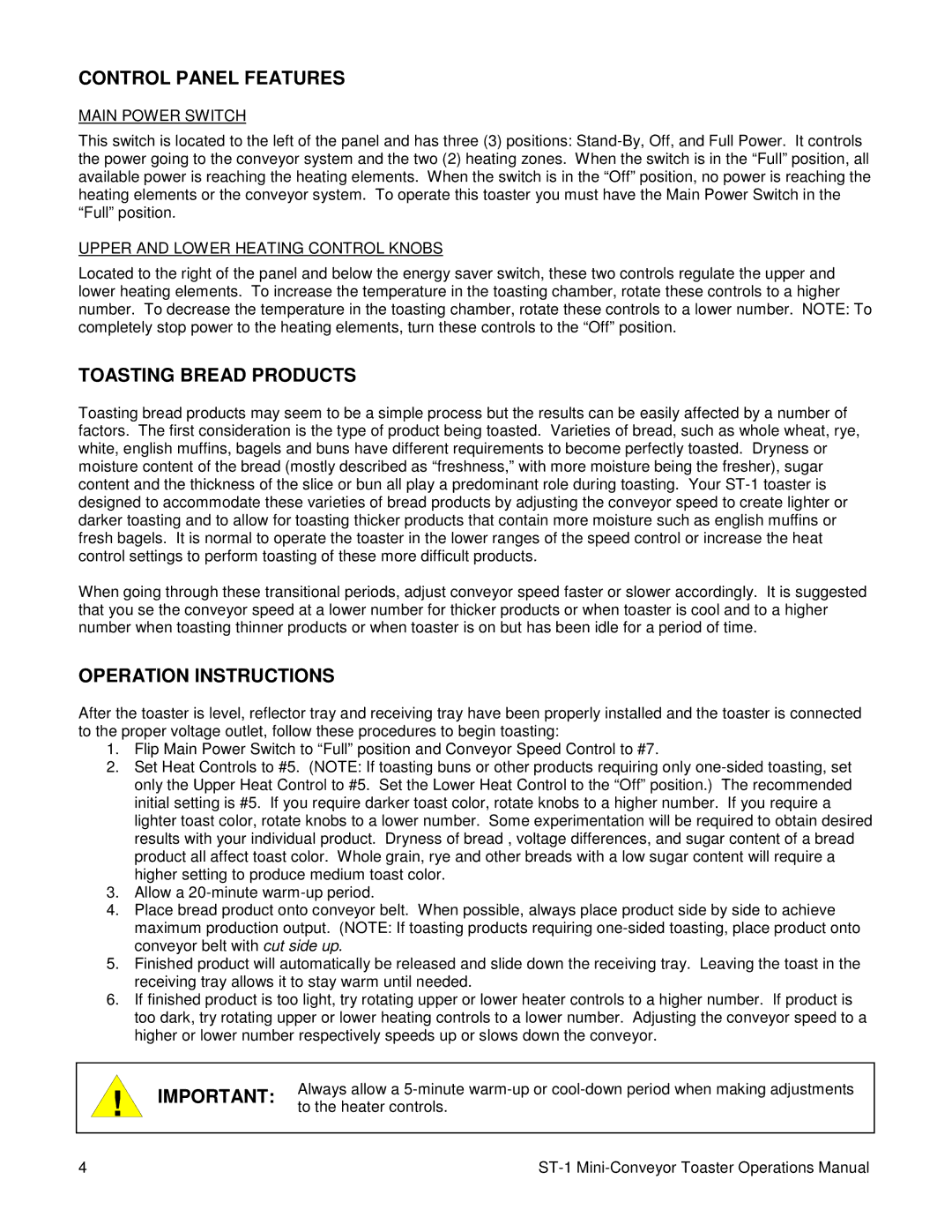 Merco Savory ST-1 manual Control Panel Features, Toasting Bread Products, Operation Instructions 