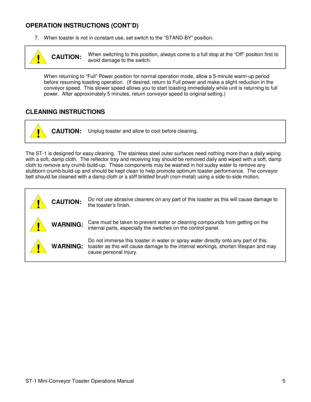 Merco Savory ST-1 manual Operation Instructions CONT’D, Cleaning Instructions 