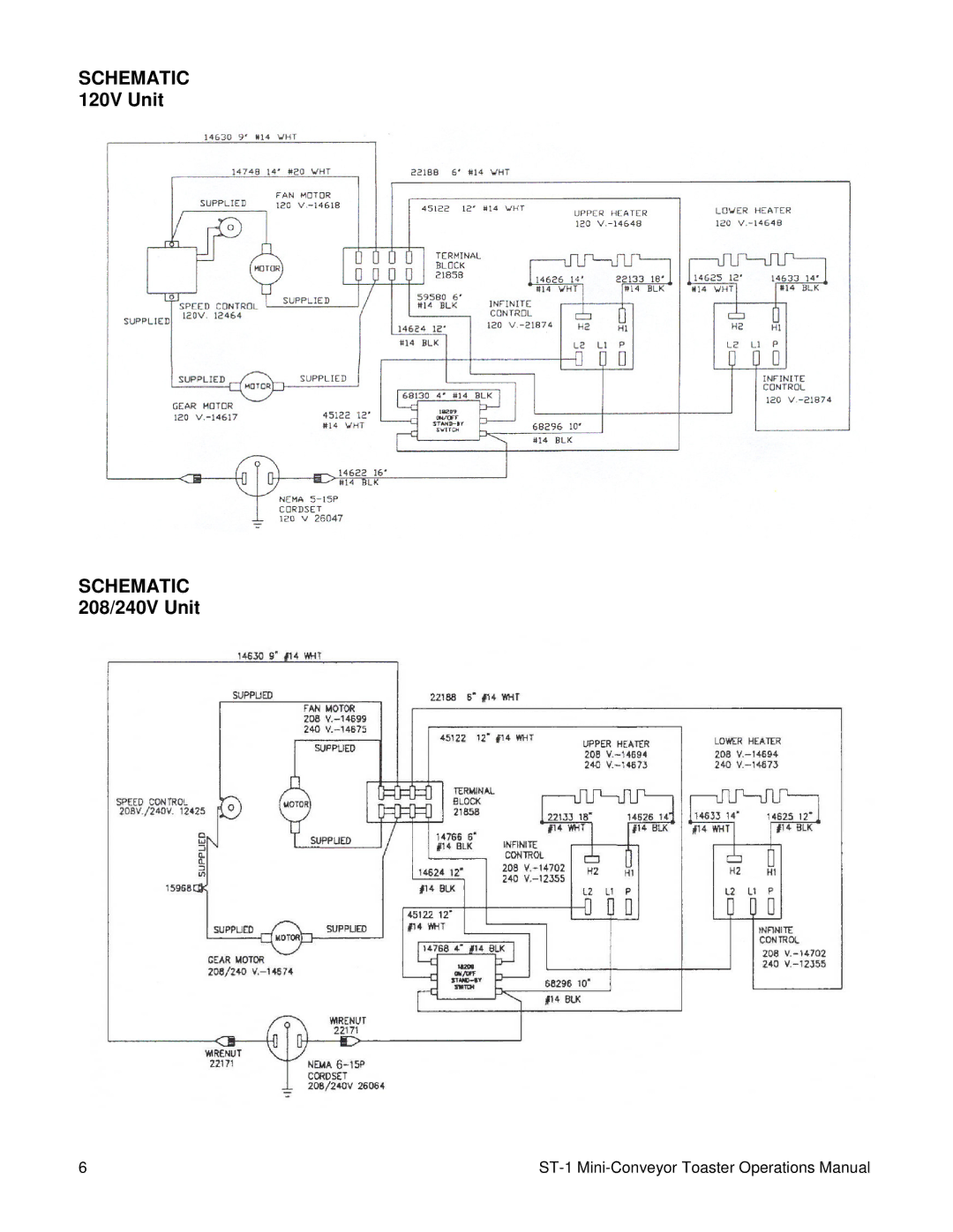 Merco Savory ST-1 manual Schematic 120V Unit Schematic 208/240V Unit 