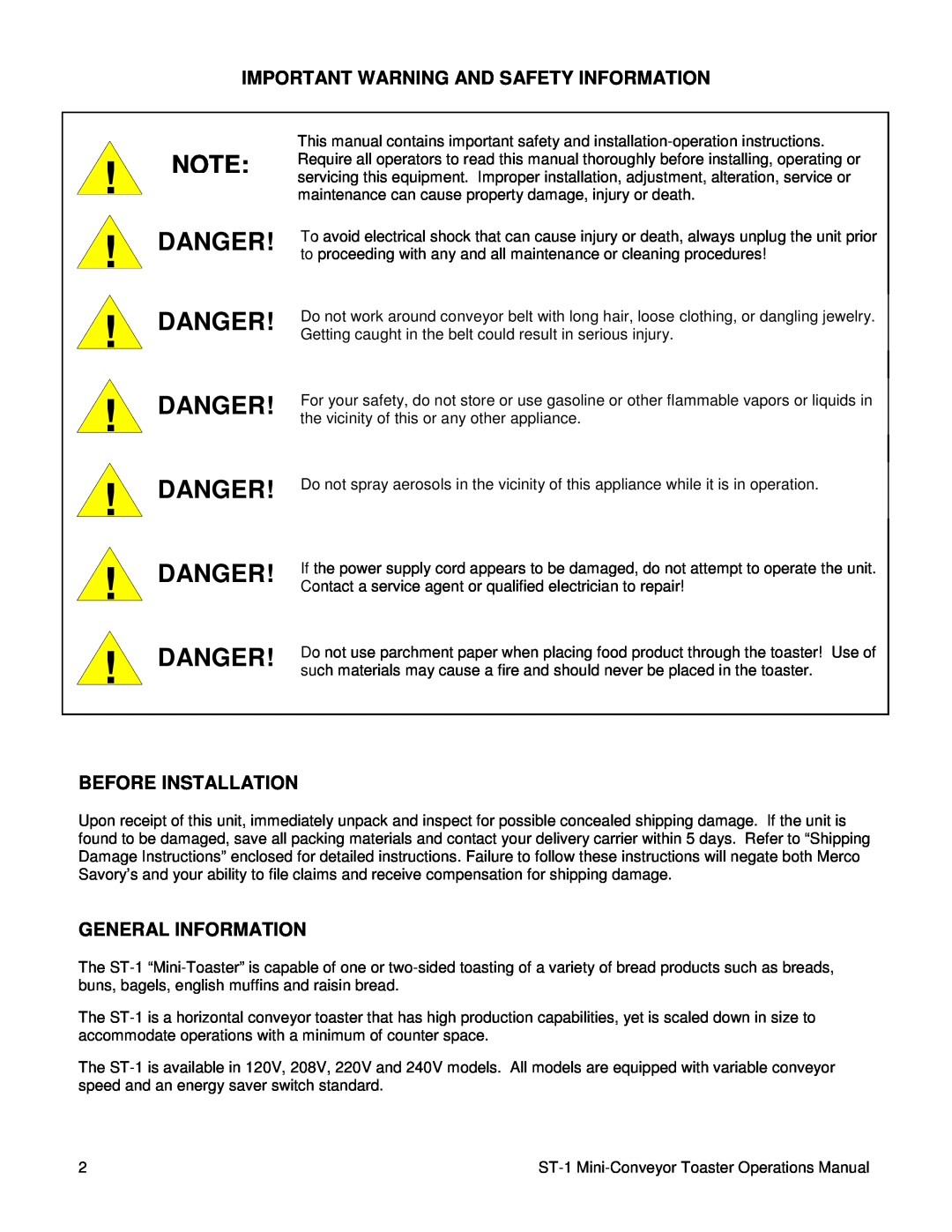 Merco Savory ST-1 manual Important Warning And Safety Information, Before Installation, General Information 