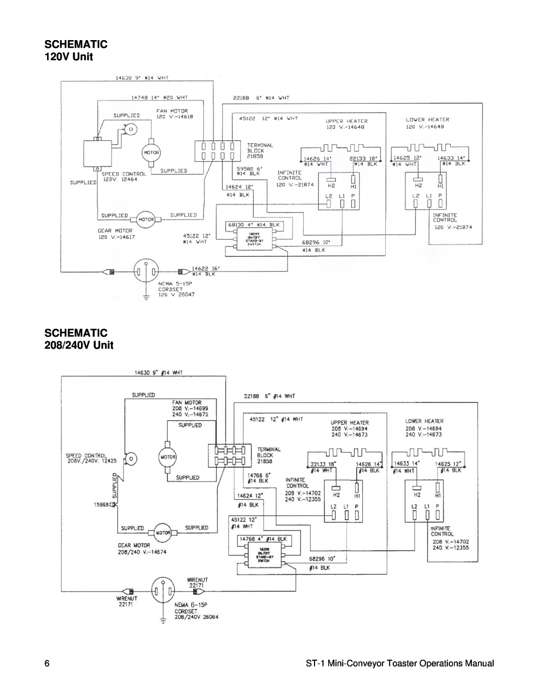 Merco Savory manual SCHEMATIC 120V Unit SCHEMATIC 208/240V Unit, ST-1 Mini-ConveyorToaster Operations Manual 