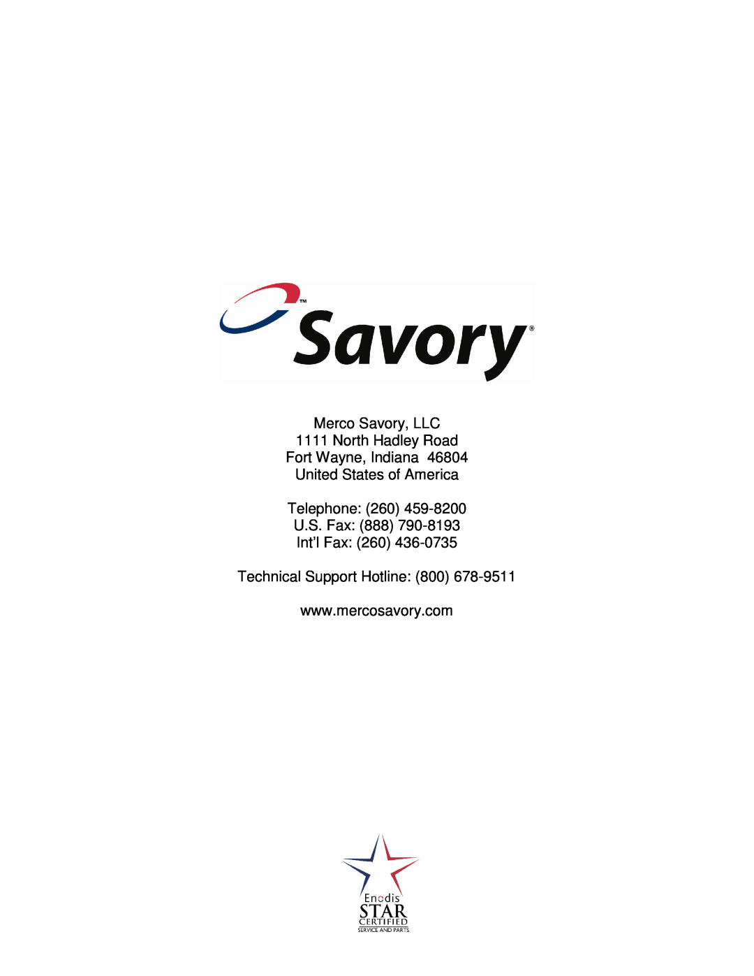Merco Savory ST-1 manual Merco Savory, LLC 1111 North Hadley Road, Fort Wayne, Indiana United States of America 