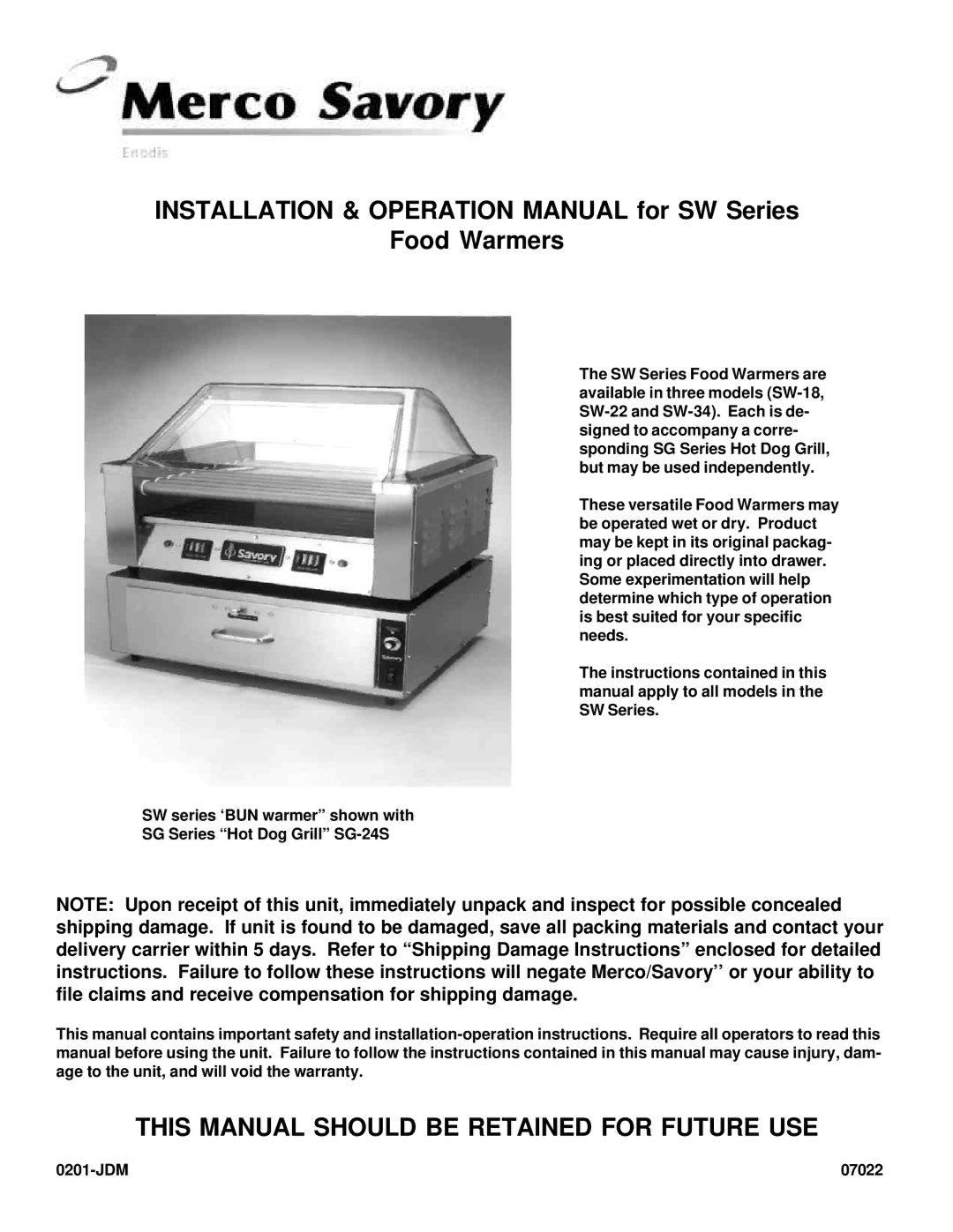 Merco Savory SW Series operation manual Food Warmers, This Manual should be Retained for Future USE 