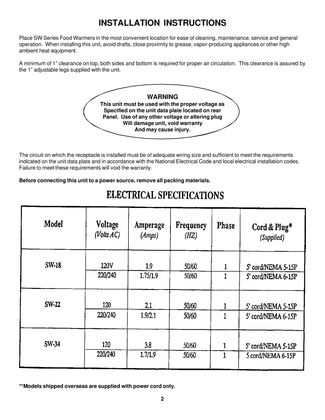 Merco Savory SW Series operation manual Installation Instructions 