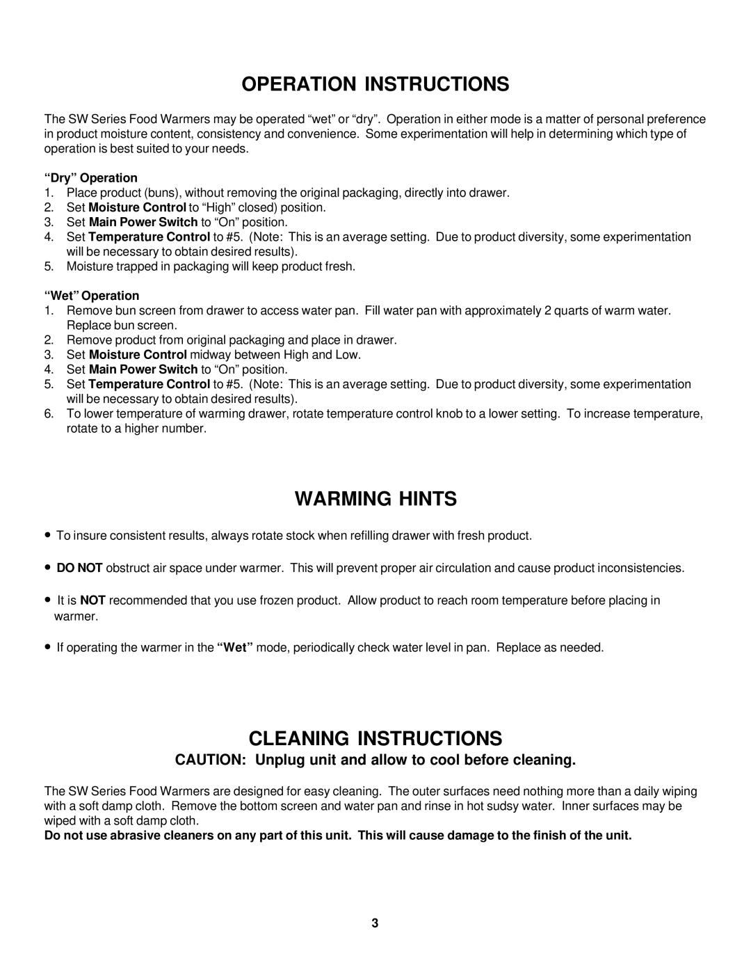 Merco Savory SW Series operation manual Operation Instructions, Warming Hints, Cleaning Instructions 