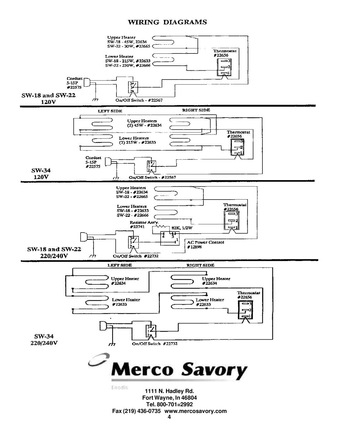 Merco Savory SW Series operation manual 1111 N. Hadley Rd Fort Wayne, Tel -701=2992 