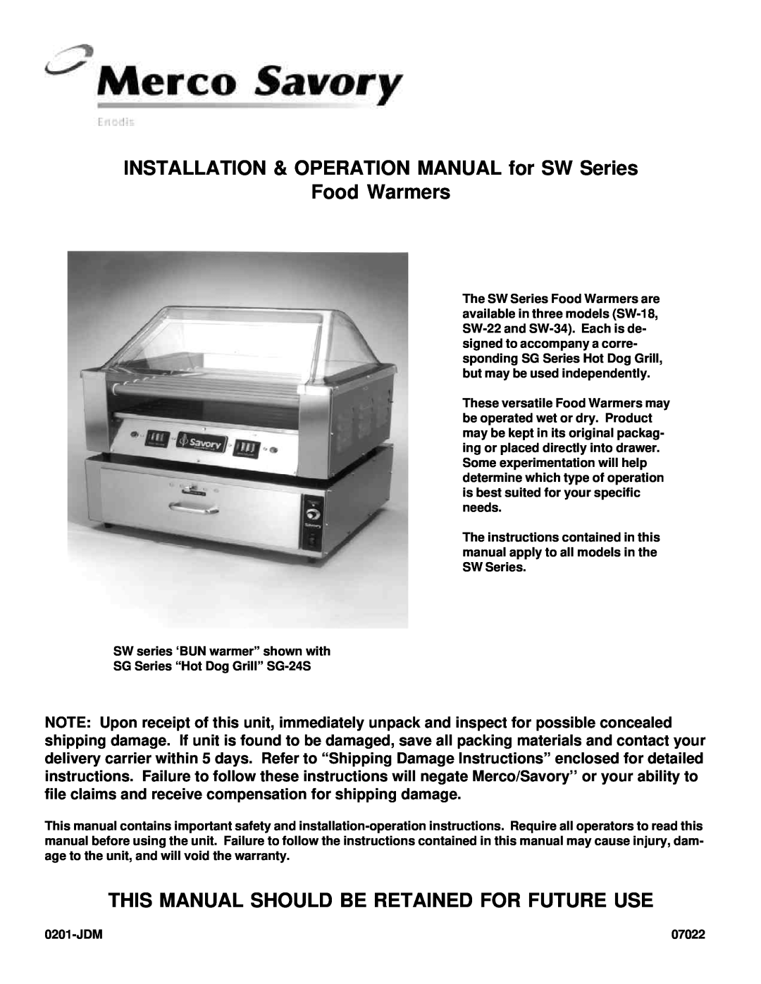 Merco Savory SW Series operation manual Food Warmers, This Manual Should Be Retained For Future Use 