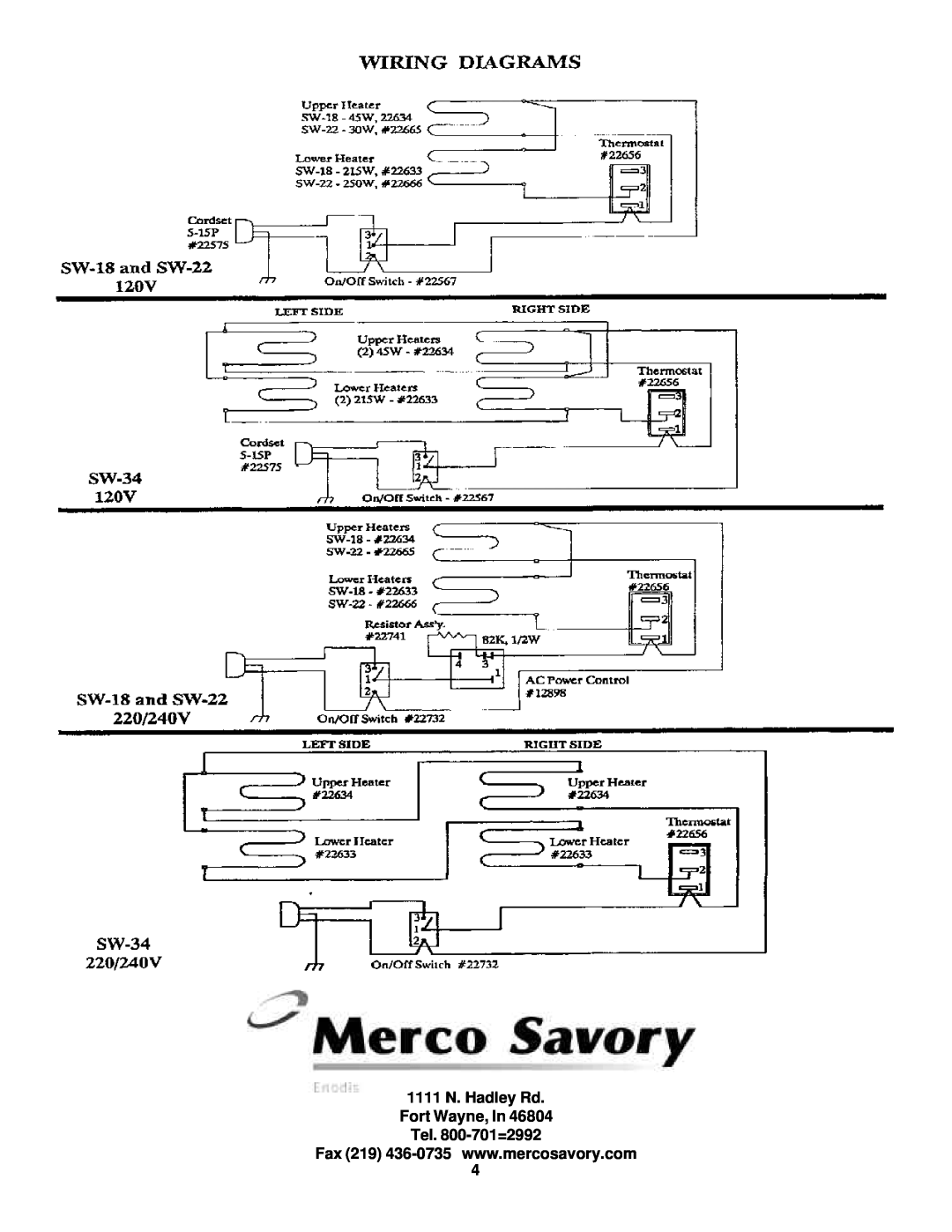 Merco Savory SW Series operation manual 1111 N. Hadley Rd Fort Wayne, In, Tel. 800-701=2992 