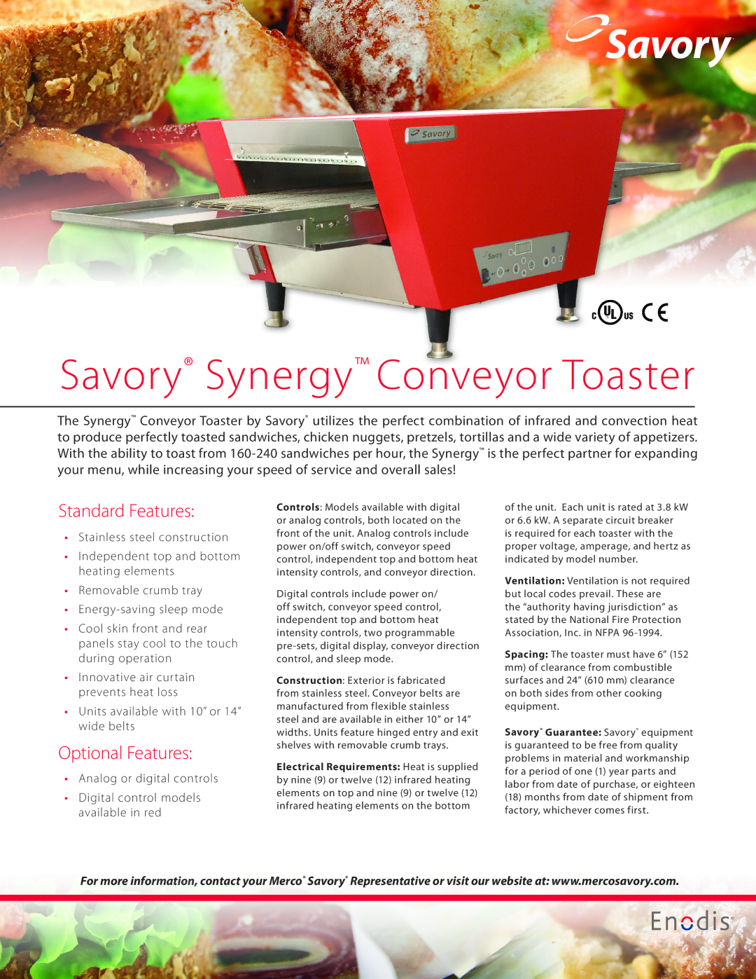 Merco Savory manual Savory Synergy Conveyor­Toaster, Standard Features, Optional Features 