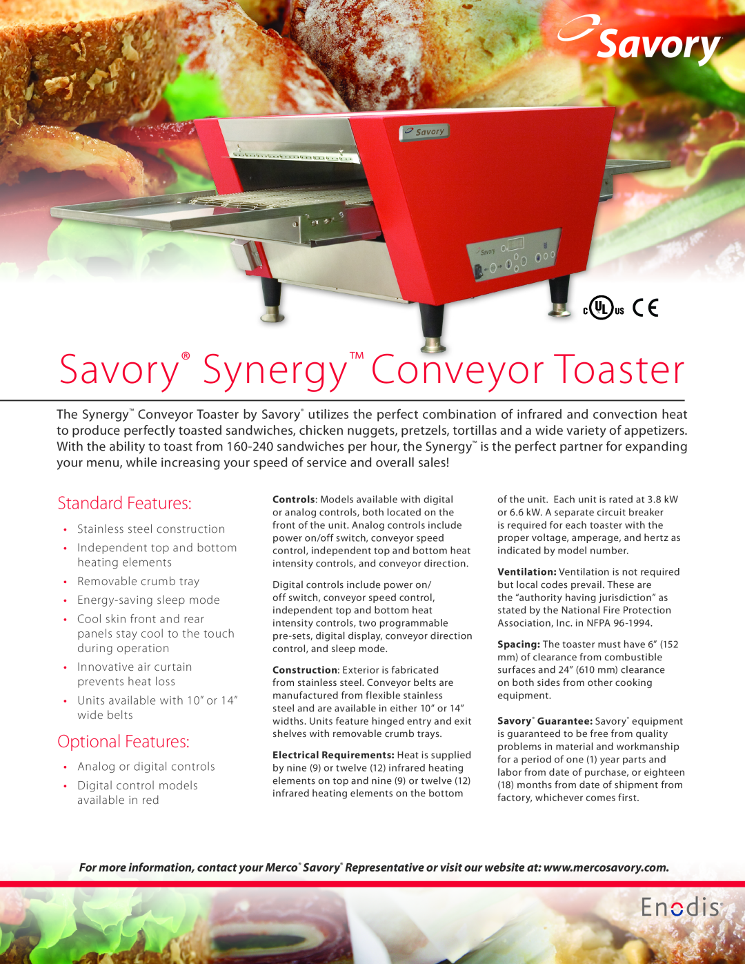 Merco Savory manual Savory Synergy Conveyor­Toaster, Standard Features, Optional Features, Stainless steel construction 