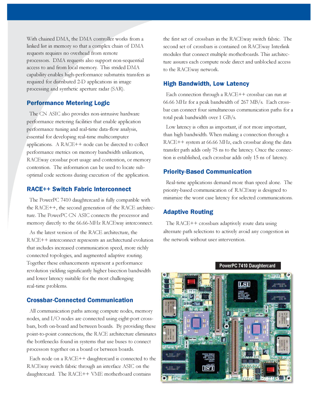 Mercury 7410 manual Performance Metering Logic, RACE++ Switch Fabric Interconnect, Crossbar-Connected Communication 