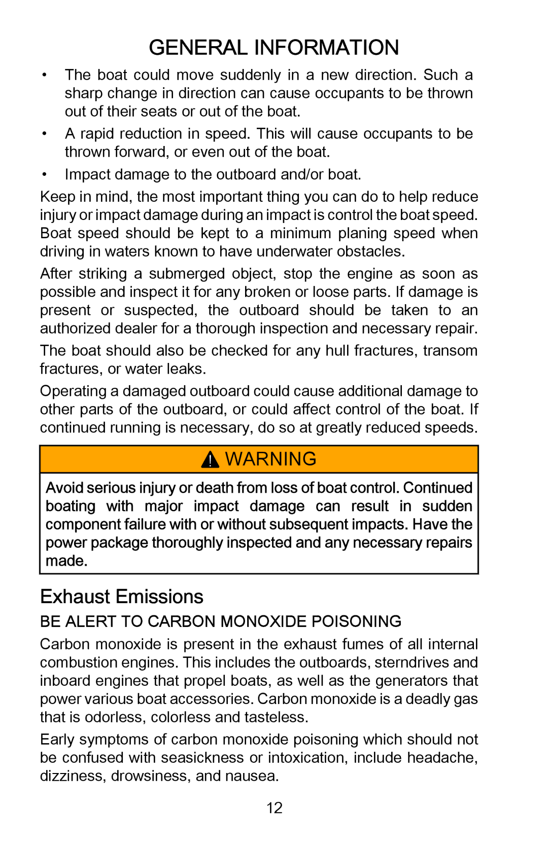 Mercury Marine 898393001 manual Exhaust Emissions, Be Alert to Carbon Monoxide Poisoning 