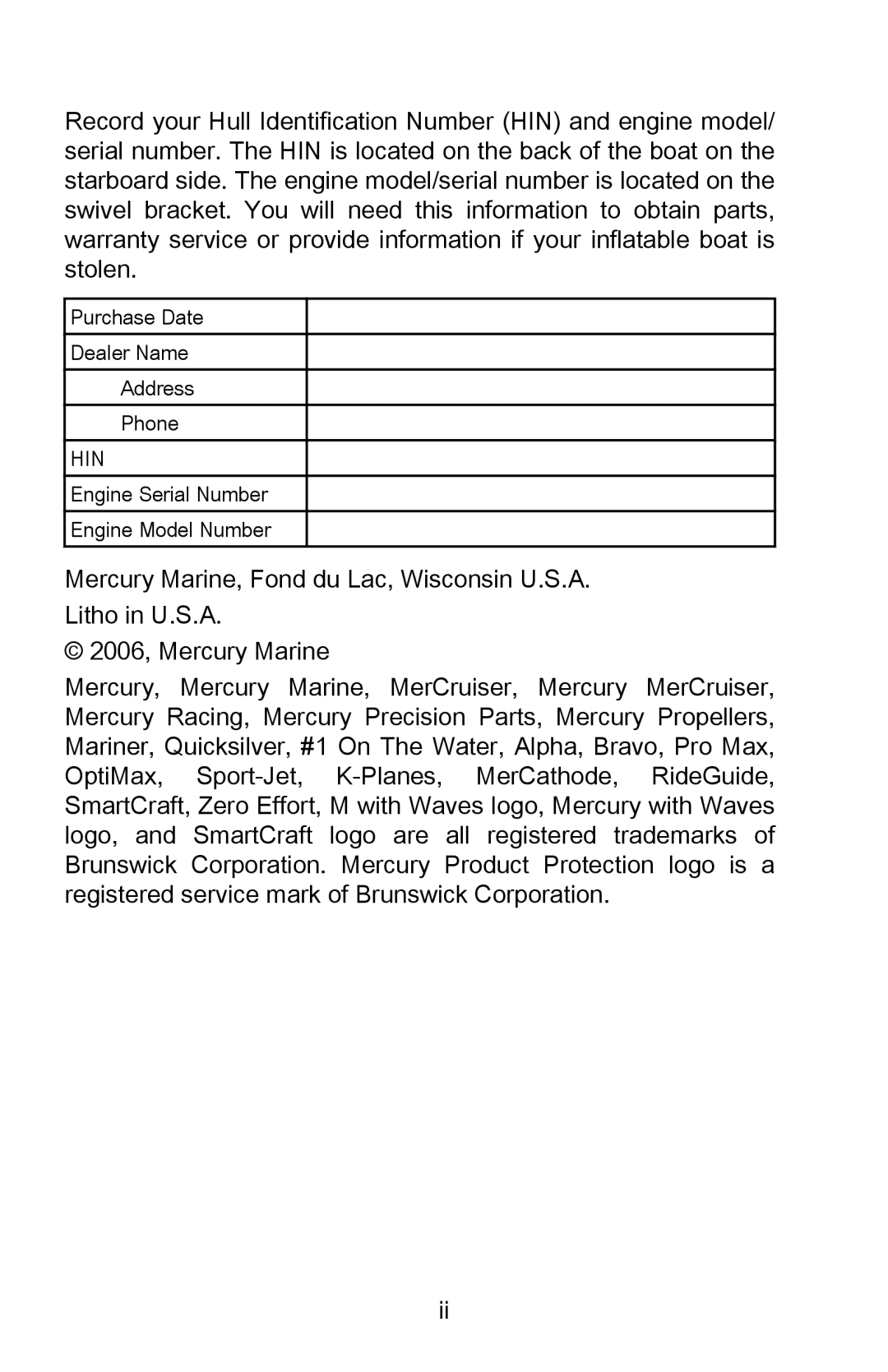 Mercury Marine 898393001 manual Hin 