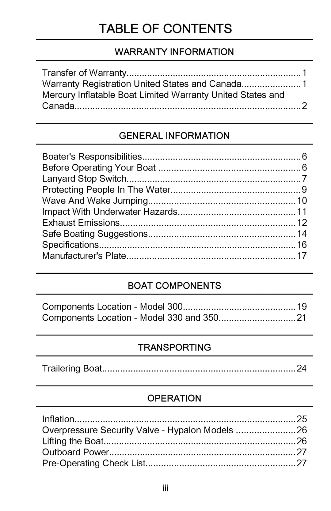 Mercury Marine 898393001 manual Table of Contents 