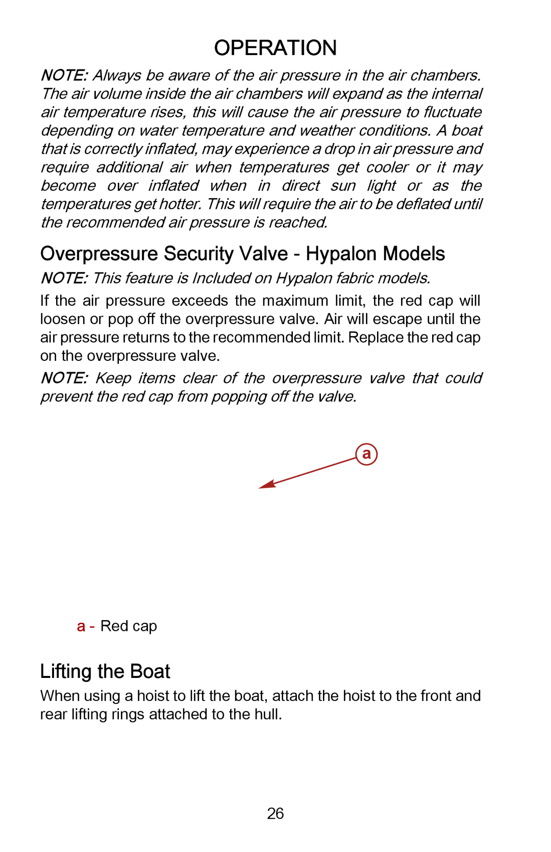 Mercury Marine 898393001 manual Overpressure Security Valve ‑ Hypalon Models, Lifting the Boat 