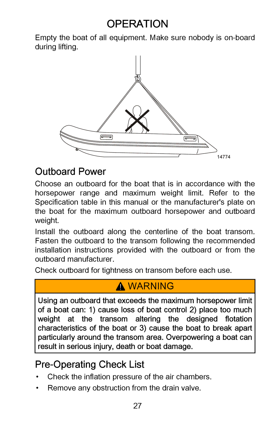 Mercury Marine 898393001 manual Outboard Power, Pre‑Operating Check List 