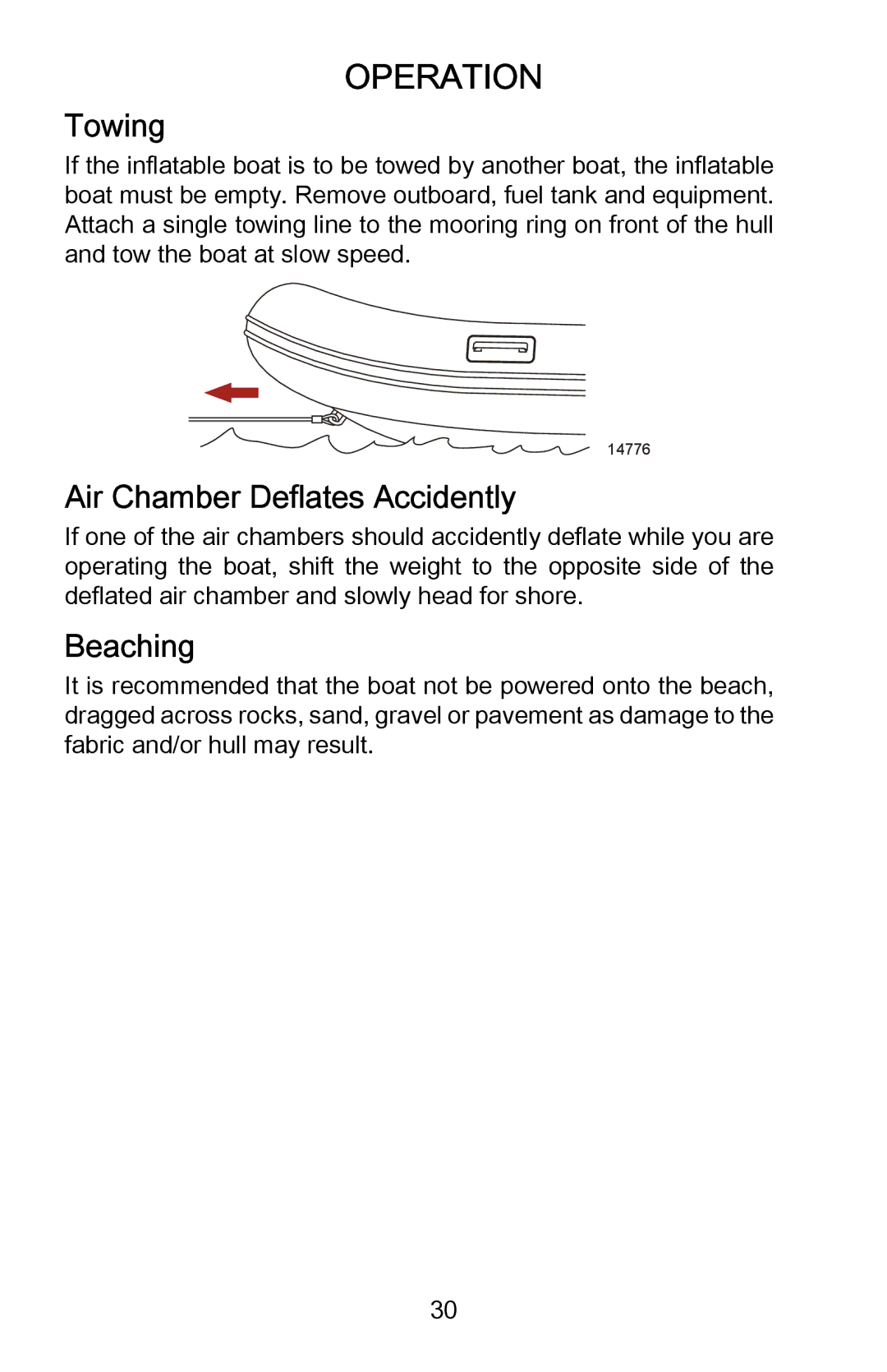 Mercury Marine 898393001 manual Towing, Air Chamber Deflates Accidently, Beaching 