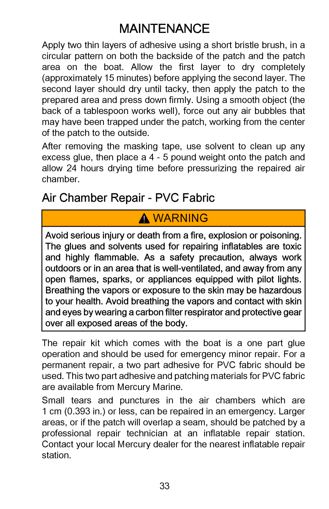 Mercury Marine 898393001 manual Air Chamber Repair ‑ PVC Fabric 