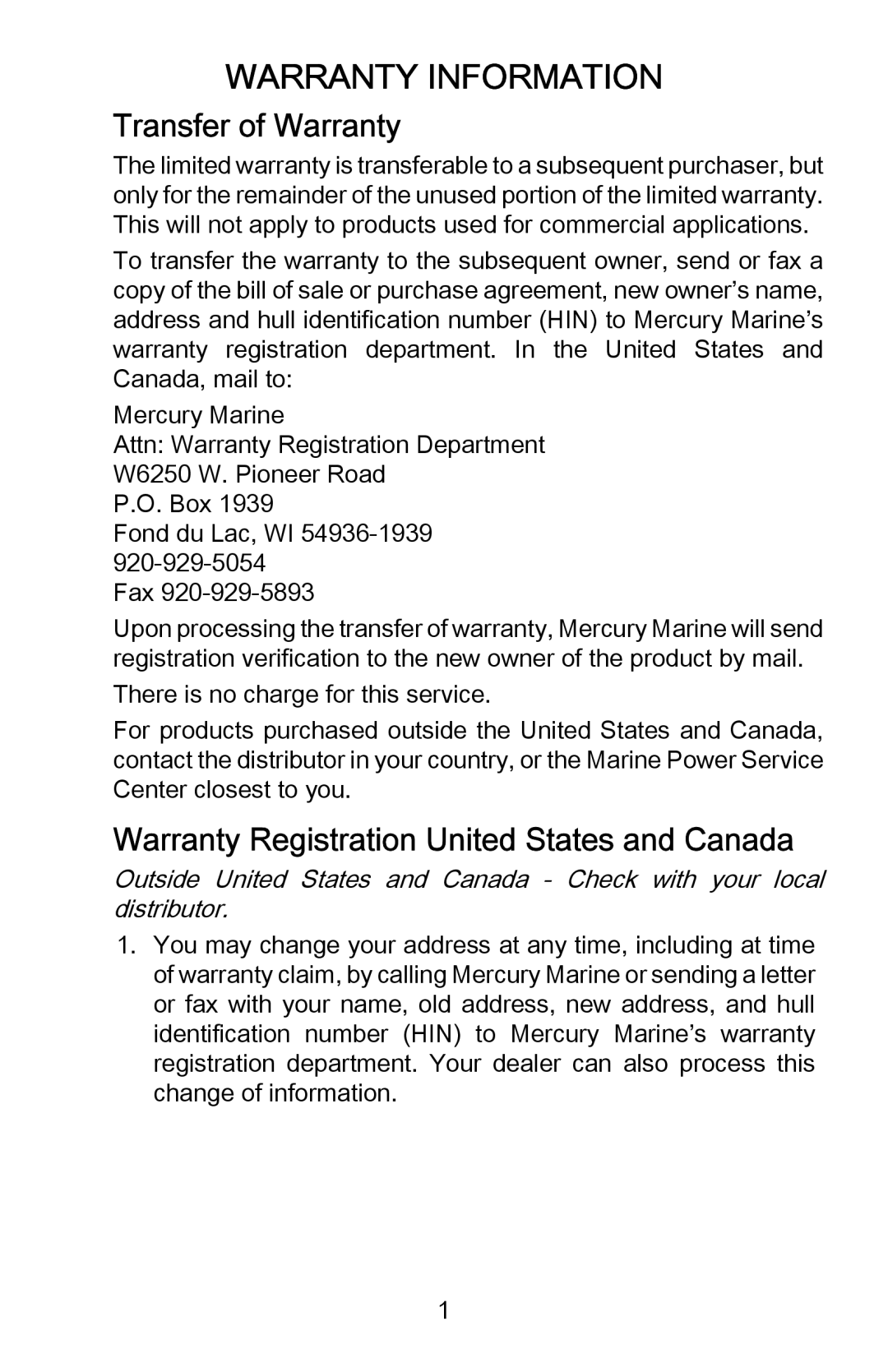 Mercury Marine 898393001 manual Warranty Information, Transfer of Warranty, Warranty Registration United States and Canada 