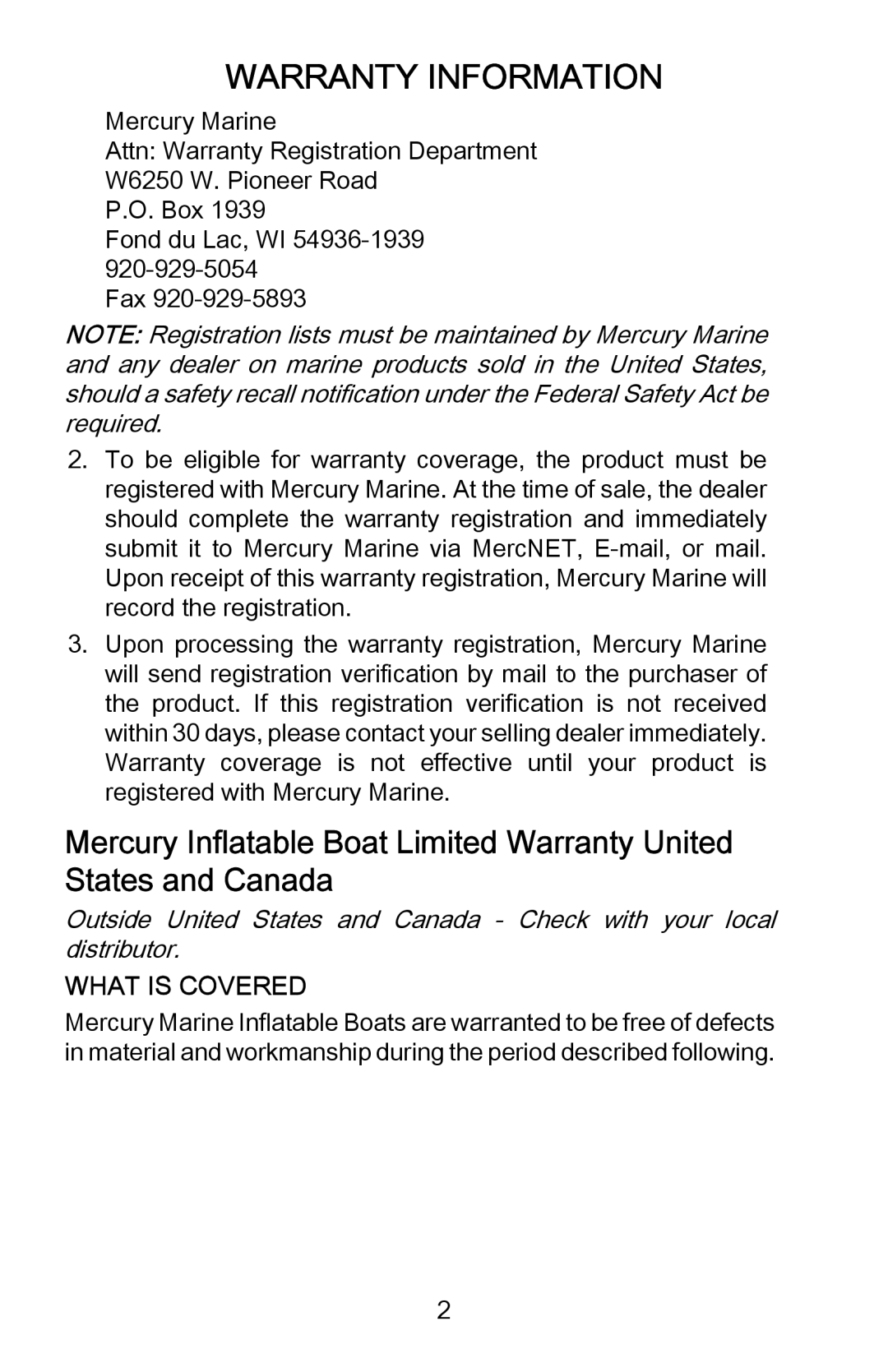 Mercury Marine 898393001 manual What is Covered 