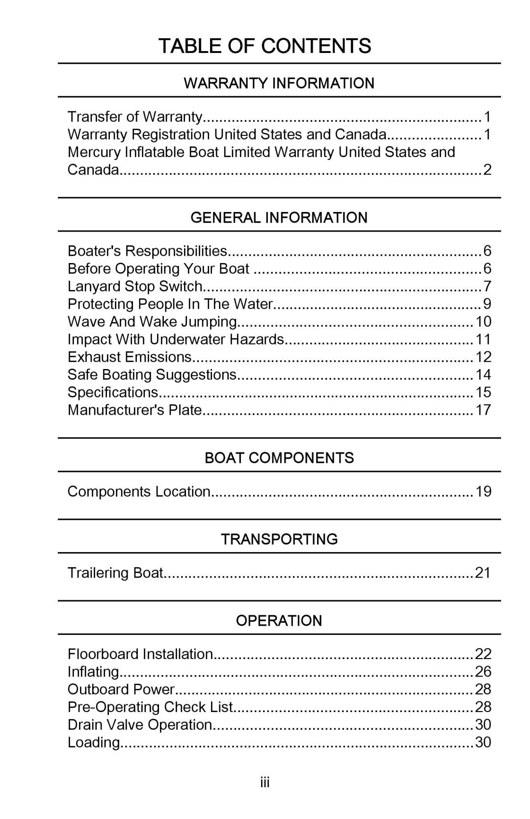 Mercury Marine 899183001 manual Table of Contents 