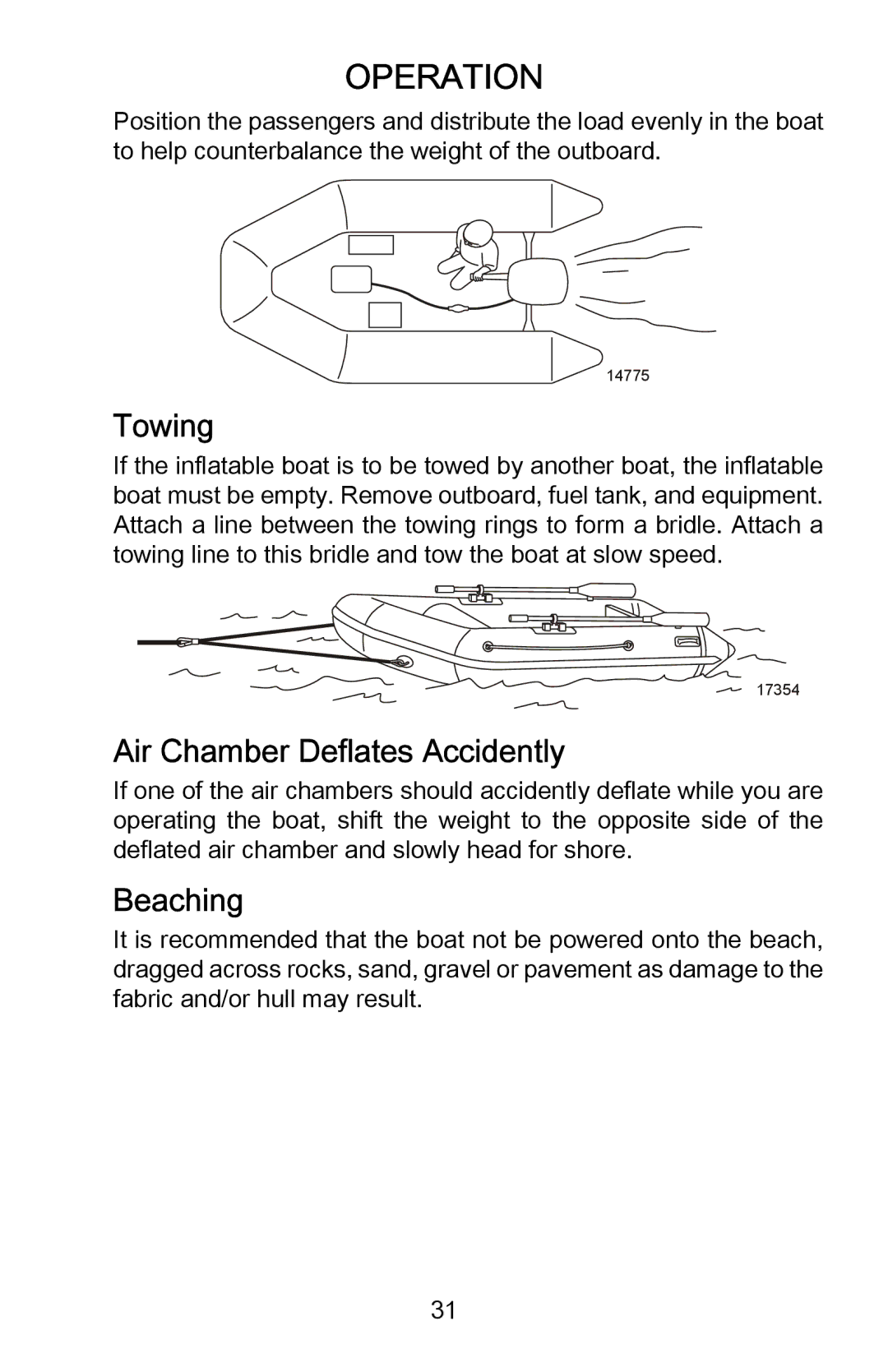 Mercury Marine 899183001 manual Towing, Air Chamber Deflates Accidently, Beaching 