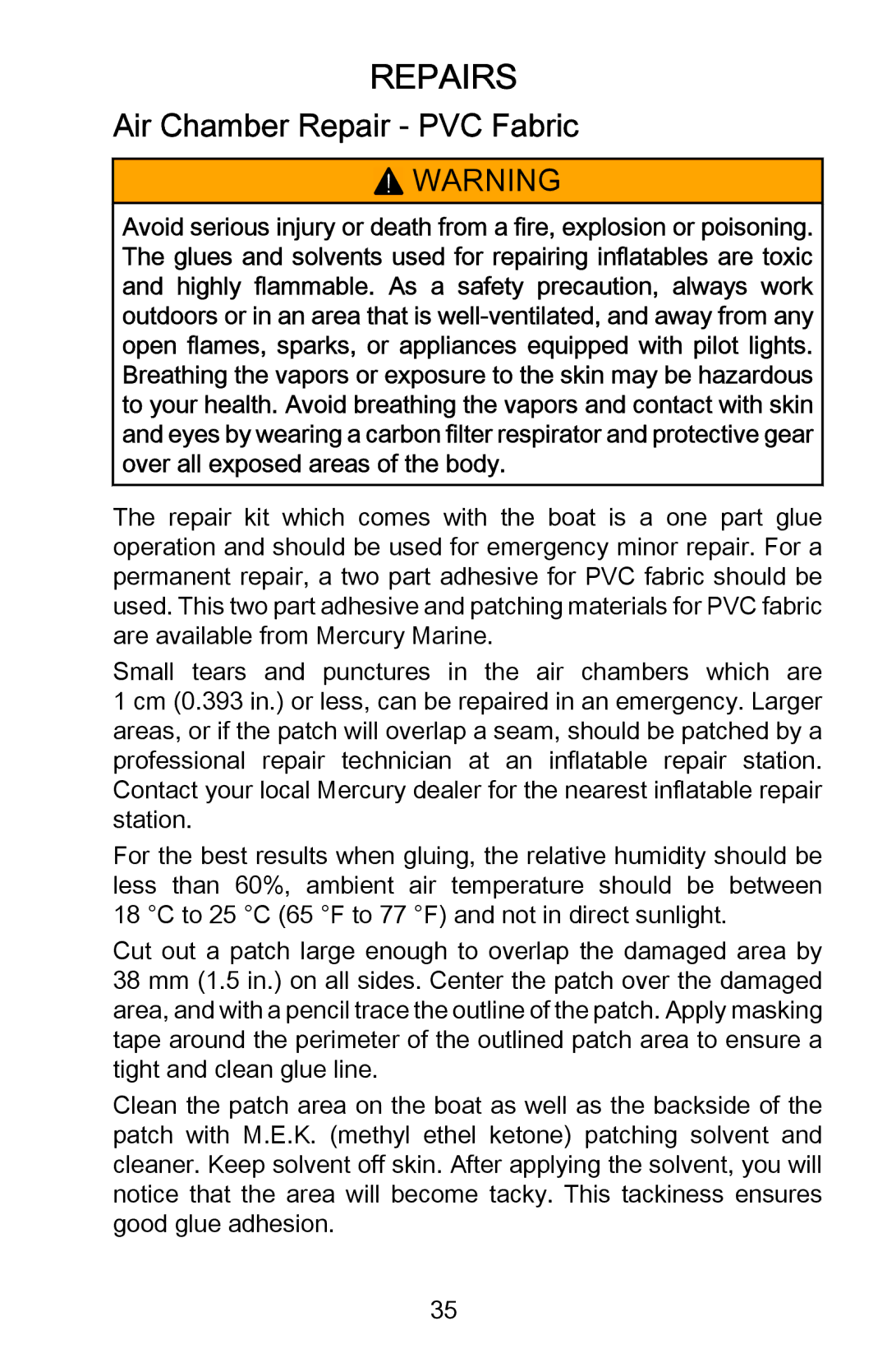 Mercury Marine 899183001 manual Repairs, Air Chamber Repair ‑ PVC Fabric 