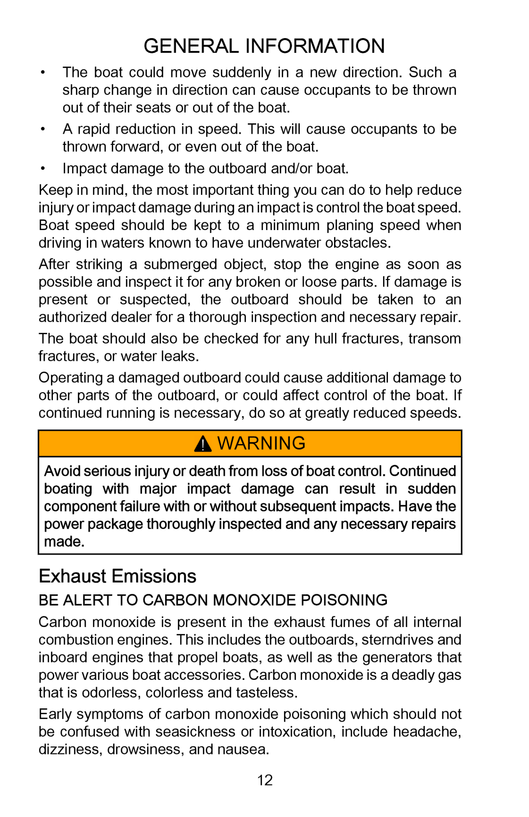 Mercury Marine 899194001 manual Exhaust Emissions, Be Alert to Carbon Monoxide Poisoning 