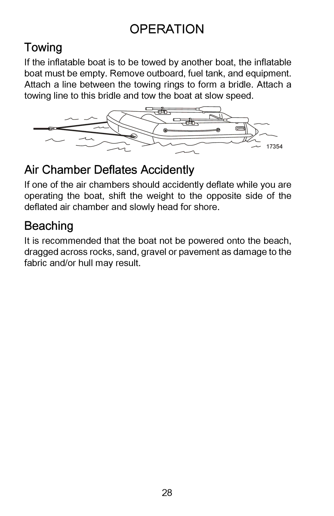 Mercury Marine 899194001 manual Towing, Air Chamber Deflates Accidently, Beaching 