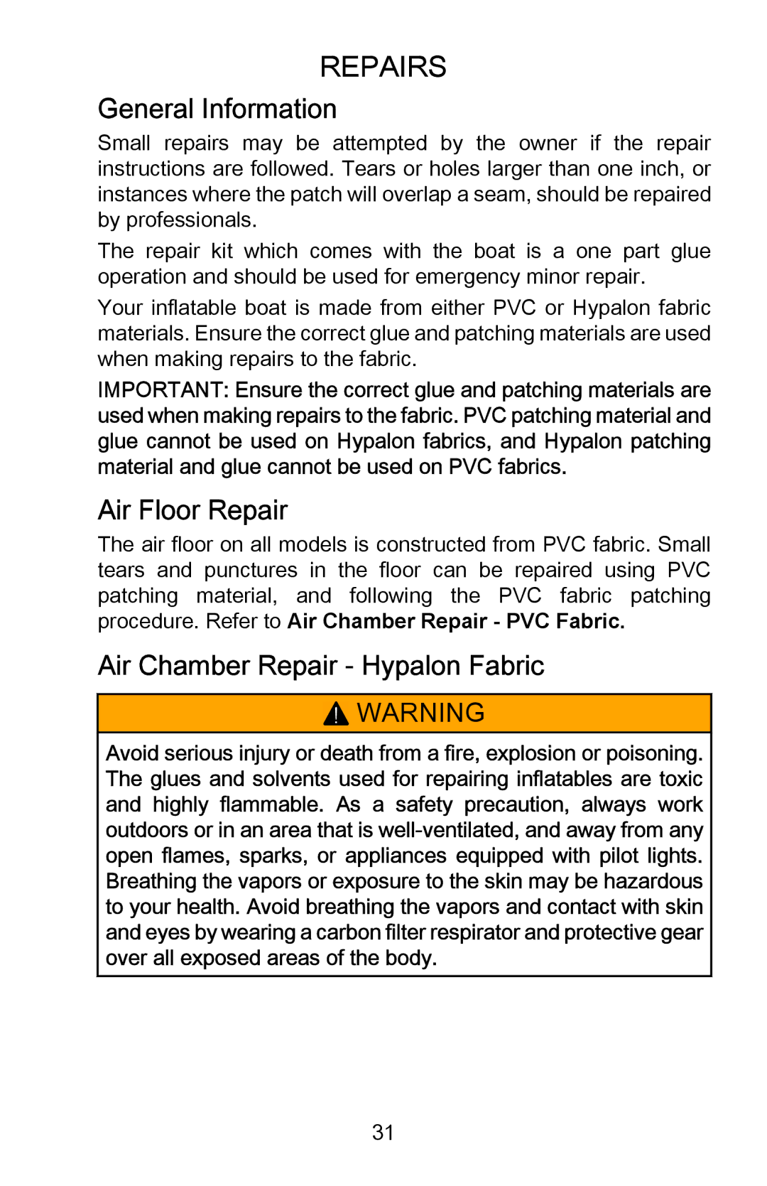 Mercury Marine 899194001 manual Repairs, General Information, Air Floor Repair, Air Chamber Repair ‑ Hypalon Fabric 