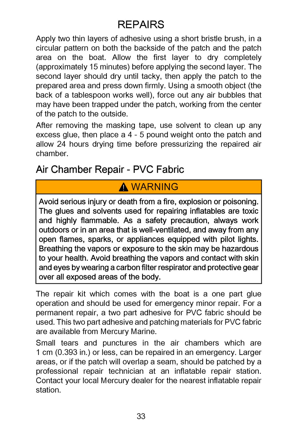 Mercury Marine 899194001 manual Air Chamber Repair ‑ PVC Fabric 