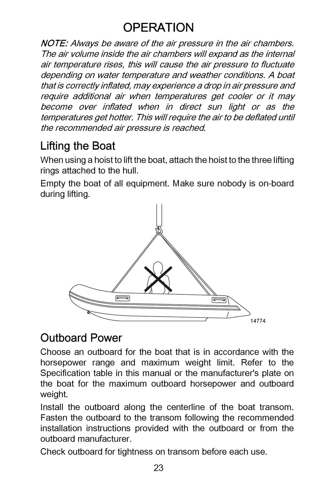 Mercury Marine 899337001 manual Lifting the Boat, Outboard Power 