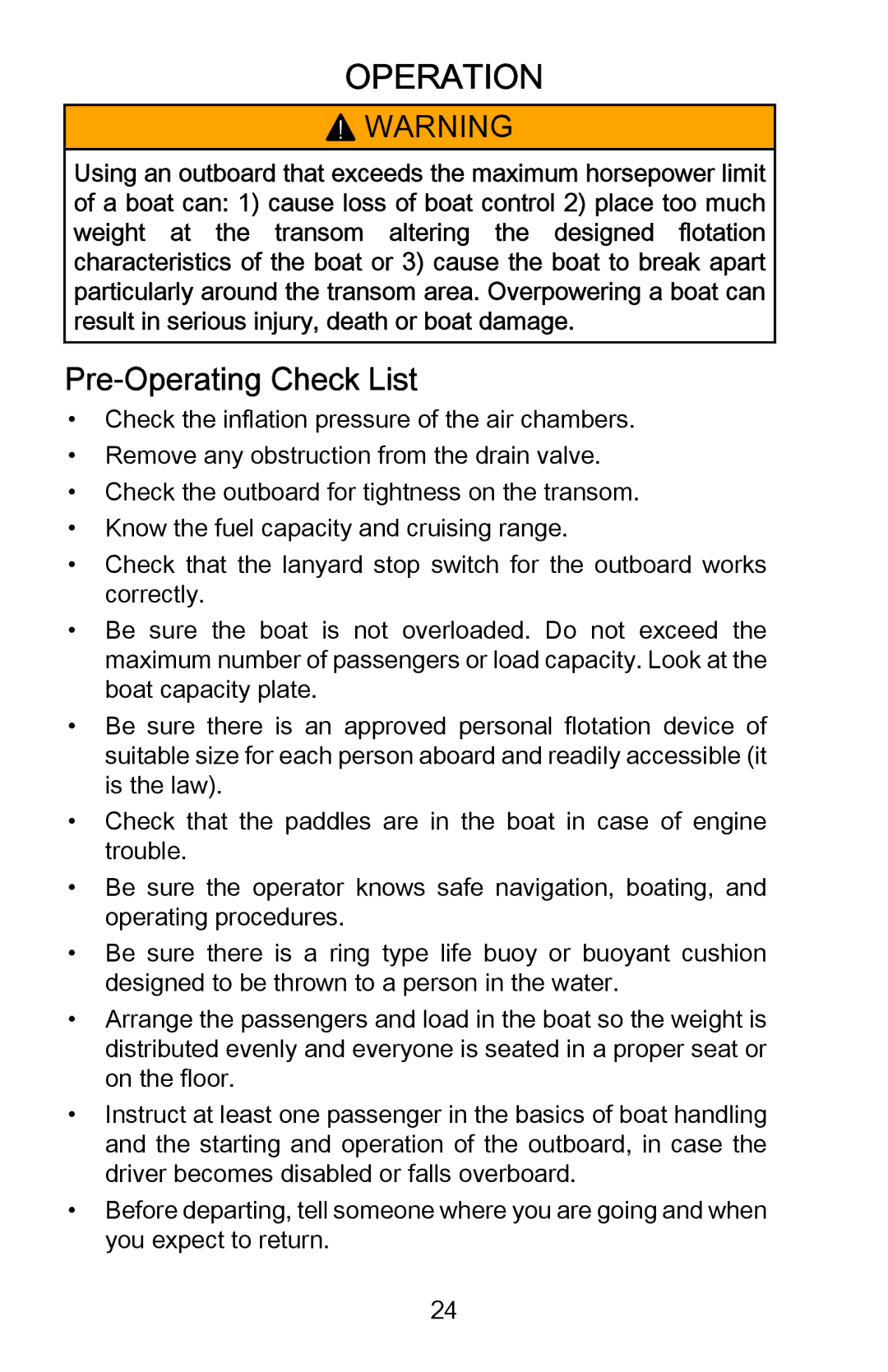 Mercury Marine 899337001 manual Pre‑Operating Check List 