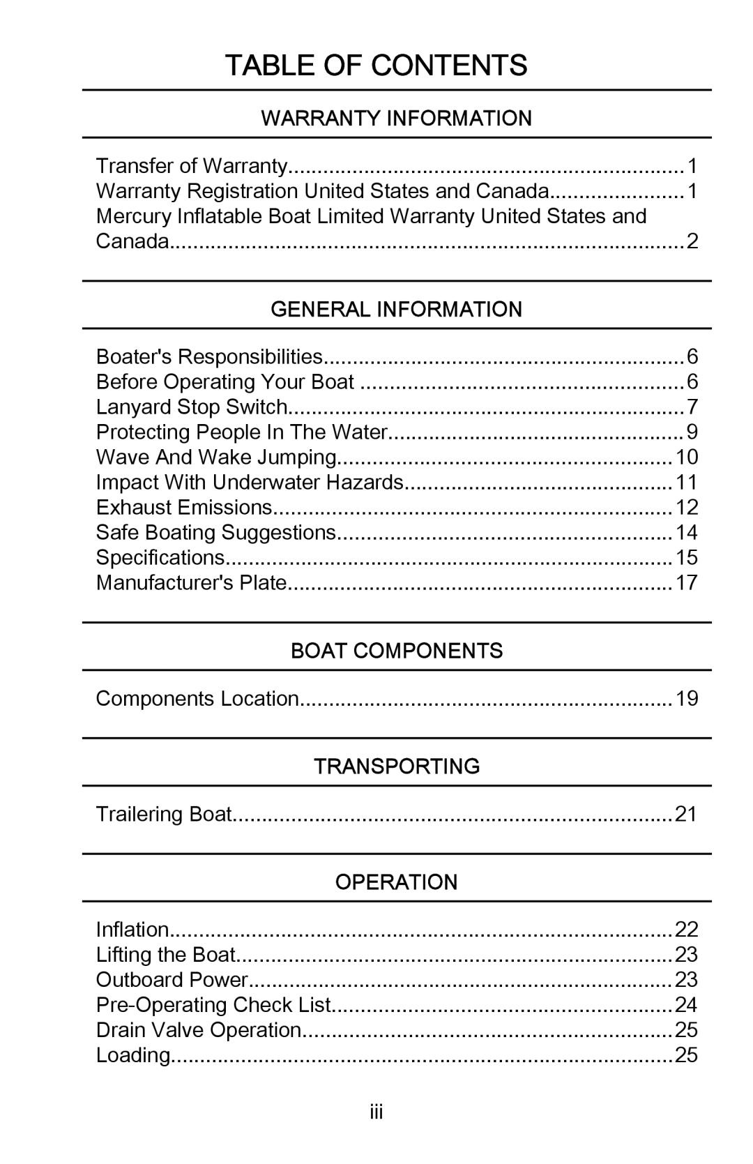 Mercury Marine 899337001 manual Table of Contents 