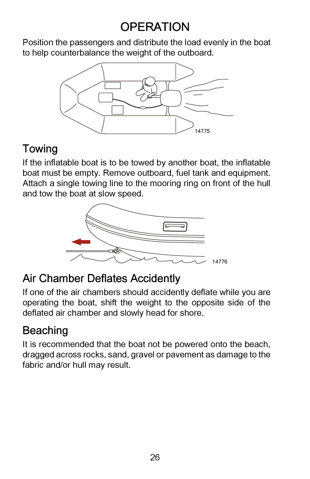 Mercury Marine 899337001 manual Towing, Air Chamber Deflates Accidently, Beaching 