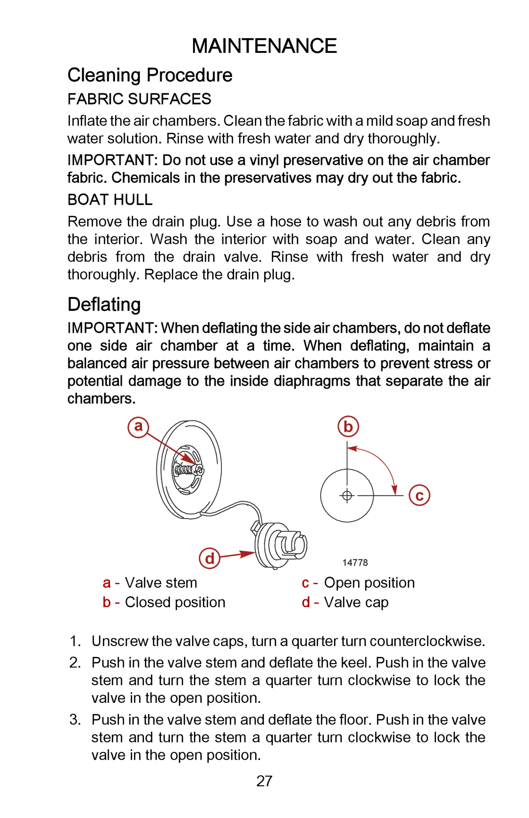 Mercury Marine 899337001 manual Maintenance, Cleaning Procedure, Deflating, Fabric Surfaces, Boat Hull 