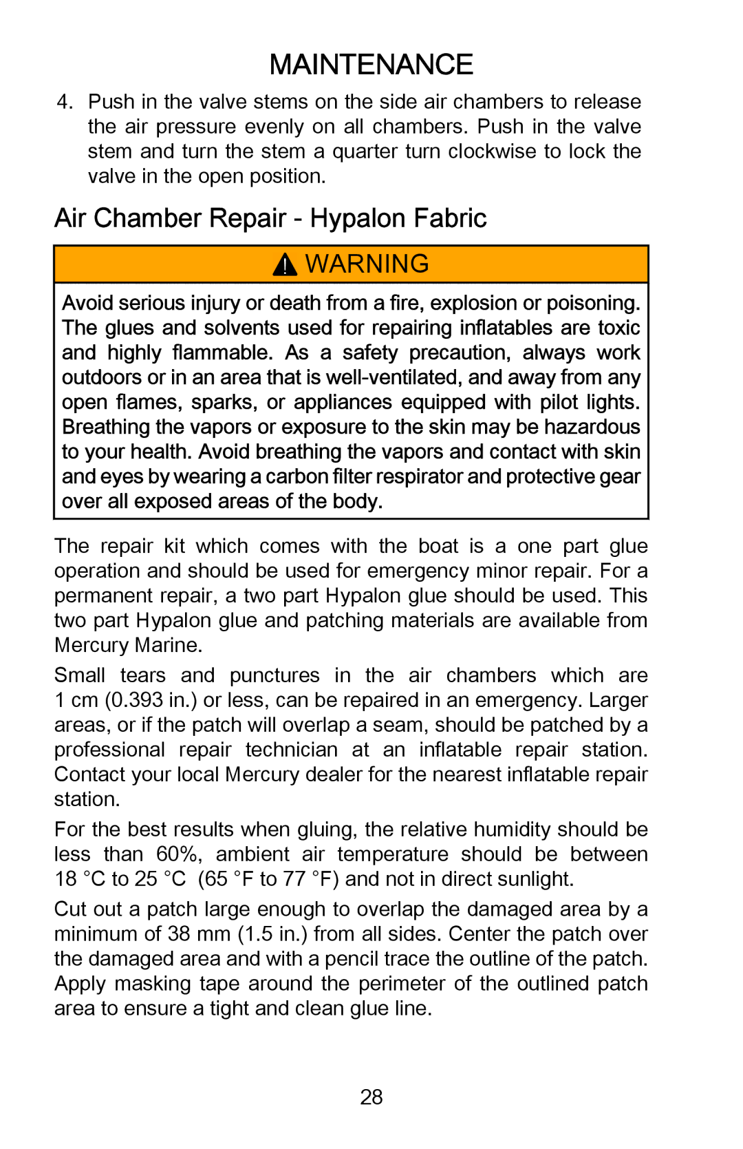 Mercury Marine 899337001 manual Air Chamber Repair ‑ Hypalon Fabric 