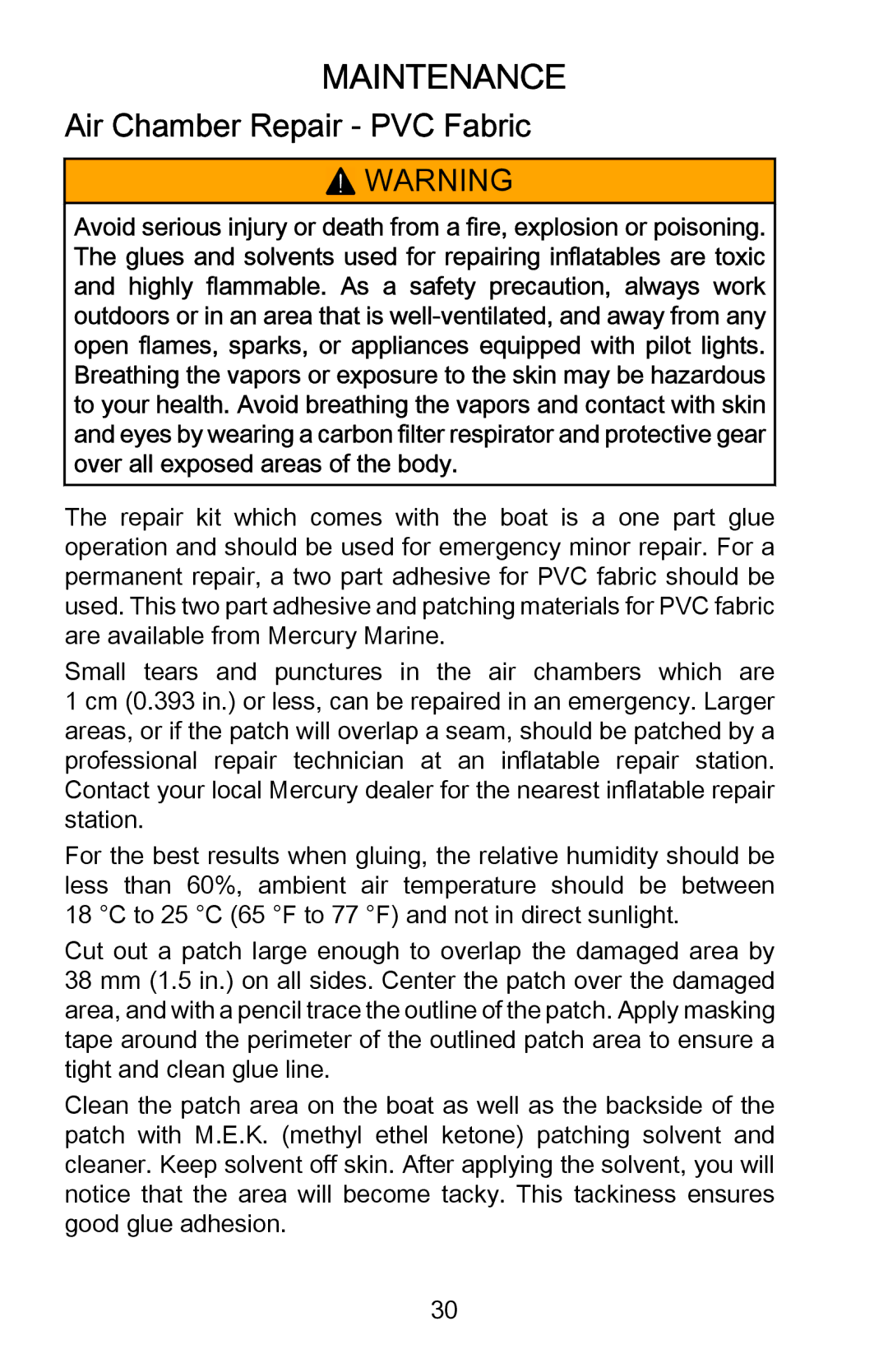 Mercury Marine 899337001 manual Air Chamber Repair ‑ PVC Fabric 