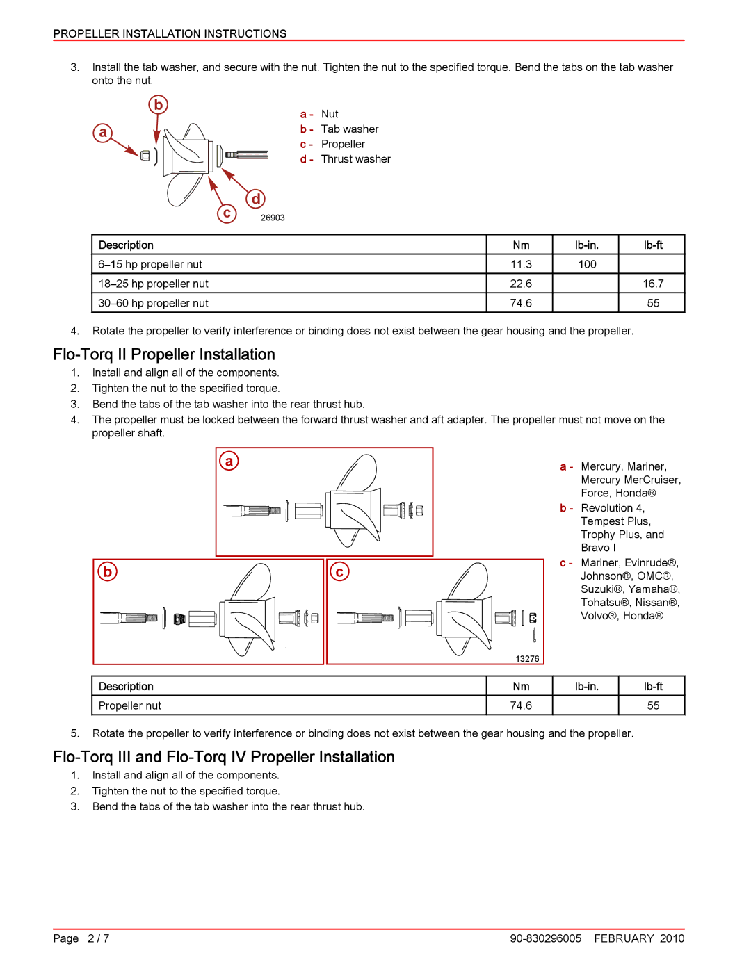 Mercury Marine 90-830296005 Flo‑Torq II Propeller Installation, Flo‑Torq III and Flo‑Torq IV Propeller Installation, Lb‑in 