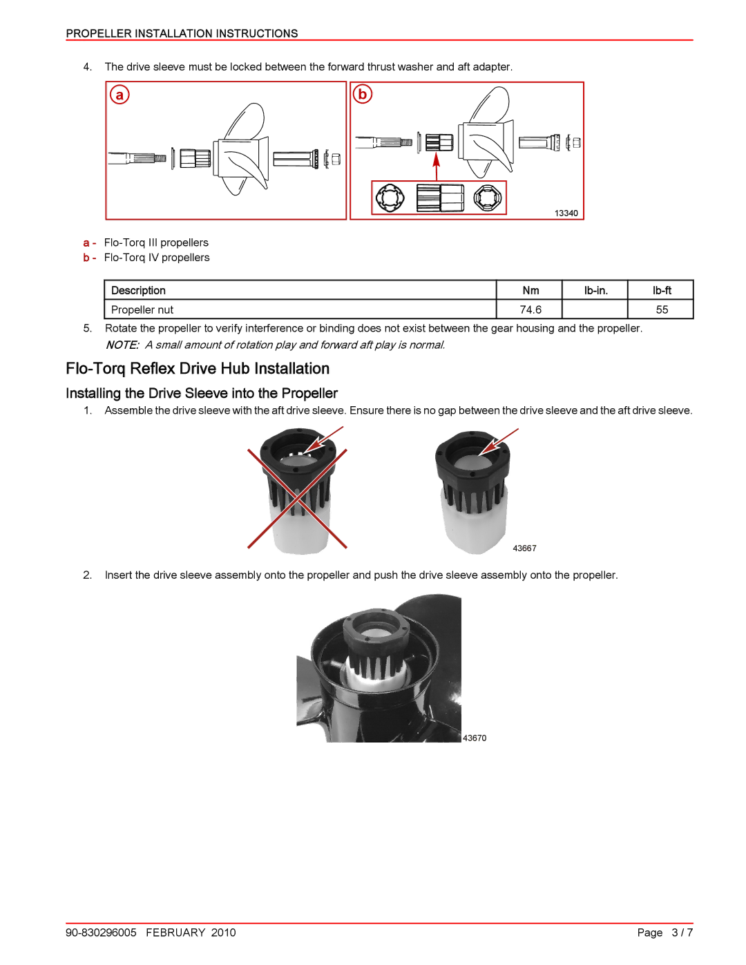 Mercury Marine 90-830296005 manual Flo‑Torq Reflex Drive Hub Installation, Installing the Drive Sleeve into the Propeller 