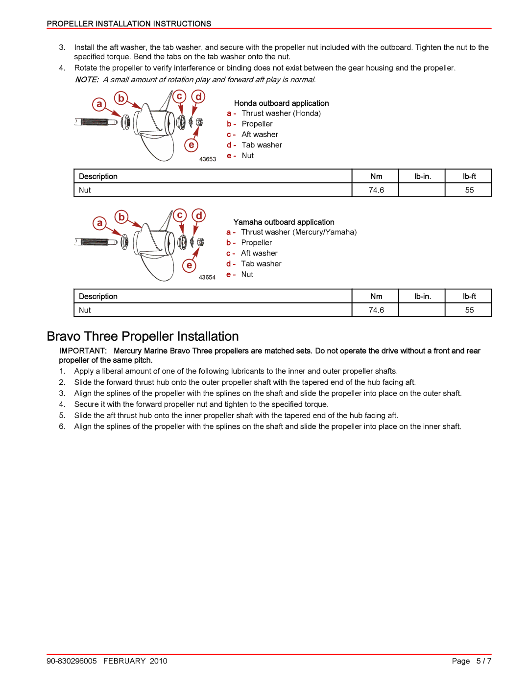 Mercury Marine 90-830296005 manual Bravo Three Propeller Installation, Yamaha outboard application 